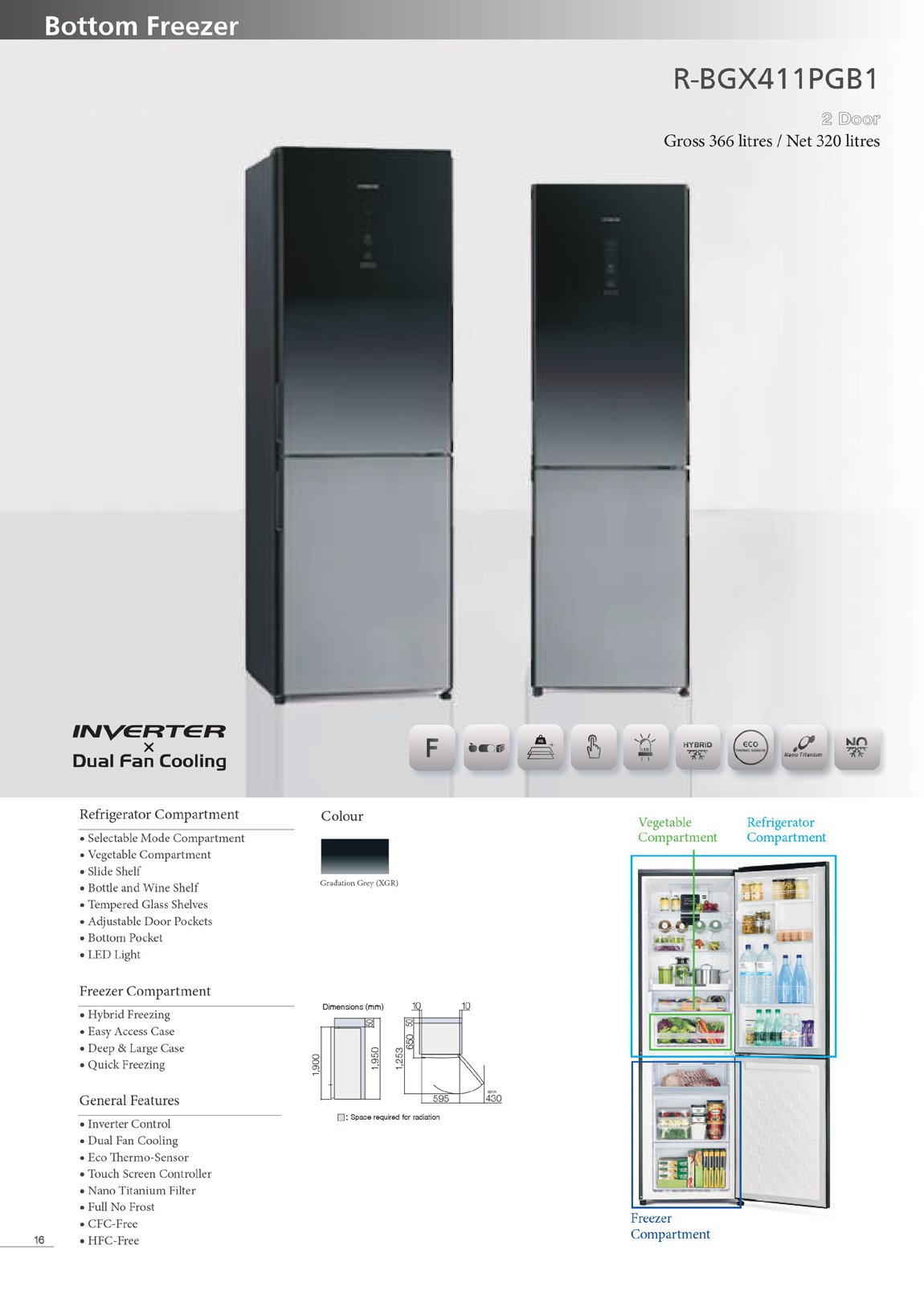 Hitachi RBGX411PGB1XGR Bottom Freezer 2 Door 366L Gradation Grey
